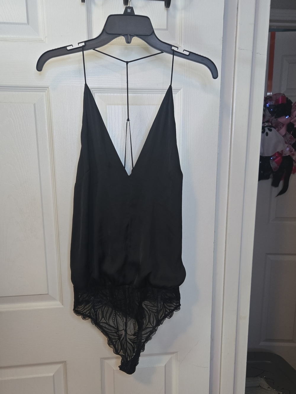 Express Black V-Neck Lace-Trim Spaghetti Strap Bodysuit